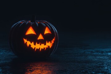 A Halloween pumpkin with a glowing, carved face on a black background Generative AI