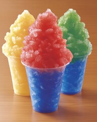 Colorful shaved ice cones in plastic cups on a wooden table
