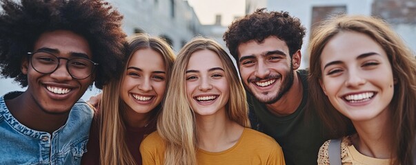 Group of five young adults laughing together in the sunshine