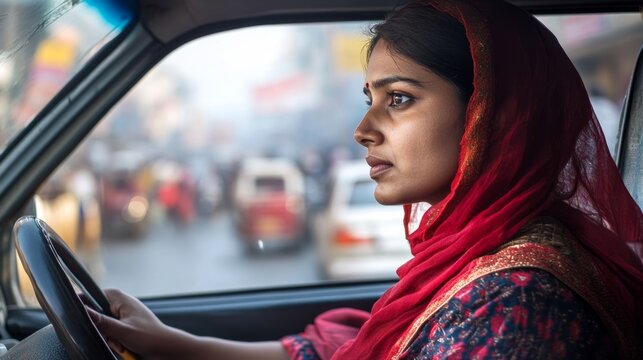 Woman wearing a red hijab driving a car on a busy street - Powered by Adobe