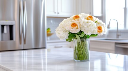 A vase of a glass container filled with white and orange flowers, AI