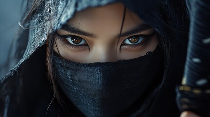 Naklejka premium A professional traditional asian black ninja woman with a face covering background wallpaper AI generated image