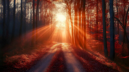 Naklejka premium Sunbeams through autumn forest trees at sunrise 