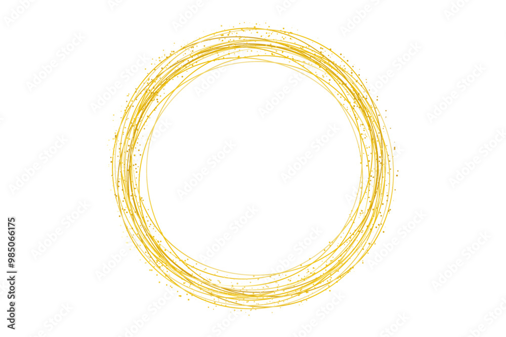 Poster Gold sparkles frame, glitter dot particles flowing in shiny circle lines form isolated on transparent background. Abstract vector design element of New year banner, Christmas card, wedding invitation 