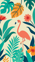 Naklejka premium Tropical flowers, plants, leaves and flamingos. Vector illustration of exotic pattern, Hawaiian flowers for background, wallpaper or poster