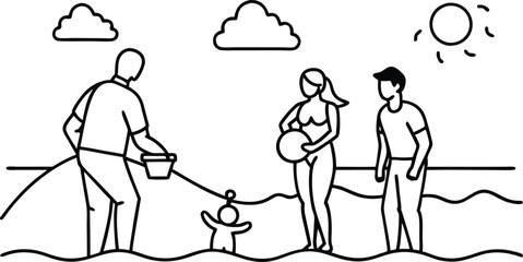 Fun Family Day at the Beach Vector Illustration for Kids Coloring Adventure
