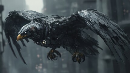 Cyberpunk black eagle bird cyborg mecha robot in flight background wallpaper AI generated image