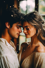 Naklejka premium Romantic Couple Sharing Intimate Moment with Snowflakes