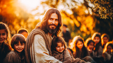 Sunset Glow Embracing a Group of Smiling Children with jesus christ