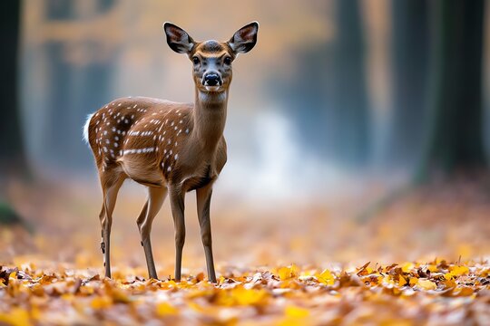 A lone deer standing silently among the trees, its breath visible in the cool autumn air, surrounded by fog and golden leaves