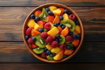 Bowl of healthy fresh fruit salad on wooden background. Top view.
