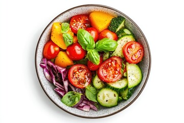 Bowl with delicious vegetable salad on white background  top view