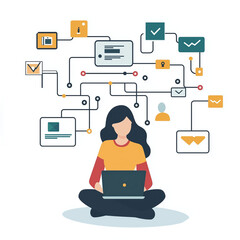 Woman Sitting On Floor Using Laptop With Business Process And Workflow Automation Illustrated By Flowchart In Top View.