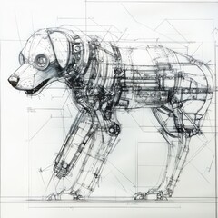 Obraz premium Detailed line drawing of a robotic dog with exposed mechanical components.