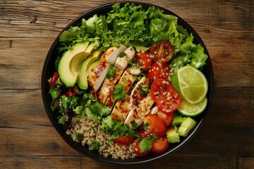 Healthy quinoa salad with chicken  avocado  and greens.