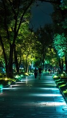 Urban Park at Night with Solar Powered LED Lights Creating a Safe and Eco-Friendly Evening Environment
