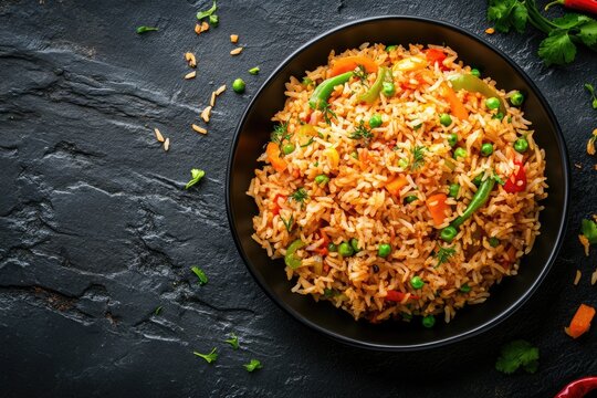 Vegetarian Szechuan Fried Rice in black bowl on slate.