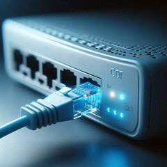 Modern cat 6 ethernet cable plugged into advanced router system, with blue LED lights