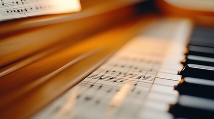 A close up of a piano with music notes on the keys, AI
