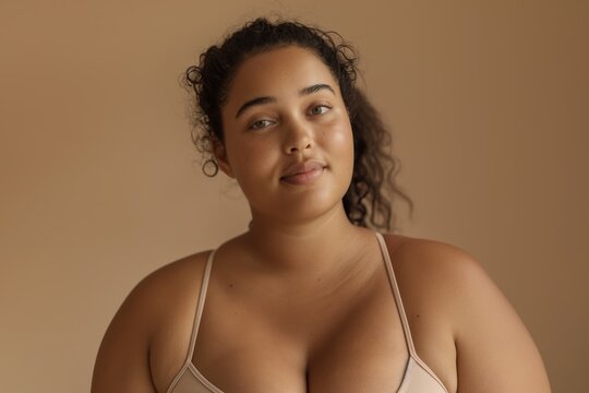 Beautiful young plus sized body positive curvy female model isolated on neutural beige background, magazine studio shoot style. Confident healthy woman posing for portrait