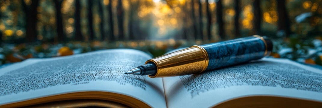 A fountain pen rests on an open book in a tranquil forest setting.