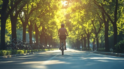 Fototapeta premium Golden sunlit tree-lined avenue with a lone cyclist riding away from the viewer, concept for healthy lifestyle, outdoor recreation and sustainable urban transport