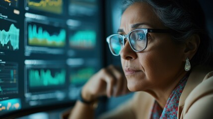 Businesswoman Analyzing Data on Computer Screen
