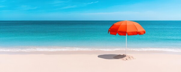 A serene ocean scene with a leukemia awareness flag planted in the sand, ocean, flag, awareness