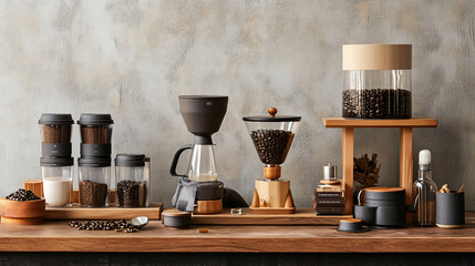 A creative coffee arrangement with various coffee types and accessories displayed on a table.