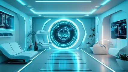 Futuristic High-Tech Spa with Neon Blue Lighting and Modern Aesthetic Generative AI