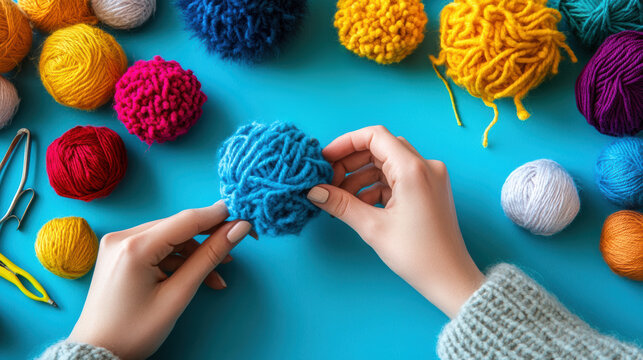 A person is holding a ball of yarn and scissors, AI