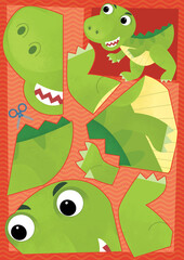 cartoon scene with character puzzle cutout educational exercise manual work with scissors animal dinosaurus dino tyrannosaurus trex illustration for kids cutout © honeyflavour