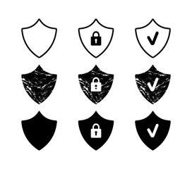 Set of black shields: empty, with lock and checkmark, vector web elements, security frames