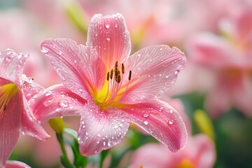 Fototapeta premium Pink Lily Flower with Dew Drops Close Up Macro Photography