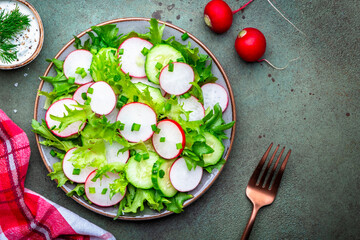 Vegan vegetable salad with radish, cucumber, lettuce and scallions with soy yogurt dressing, green background, top view