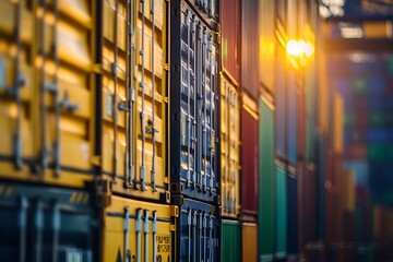 Stacked shipping containers in a row with a yellow light
