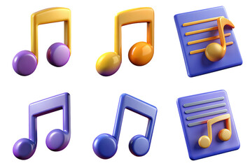 PNG music note 3d collection, in cartoon style minimal on transparent, white background, isolate
