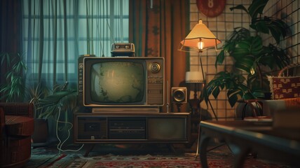 A vintage television set with antennas sits in a cozy, retro living room
