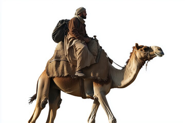 A solitary man riding a majestic camel through the arid desert under a radiant sky