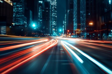 Obraz premium Abstract urban night cityscape with light trails of cars and skyscrapers in the background