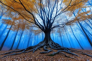 A mysterious old tree with twisted roots, its branches bare and surrounded by fog in the middle of an autumn forest