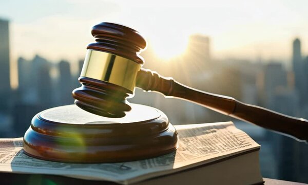 A hammer on a law book symbolizing justice in a bustling urban urban setting