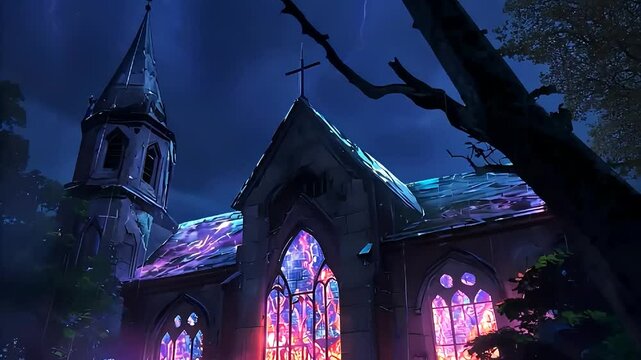 A grand old church illuminated by colorful lights under a stormy sky at night thunderstrike
