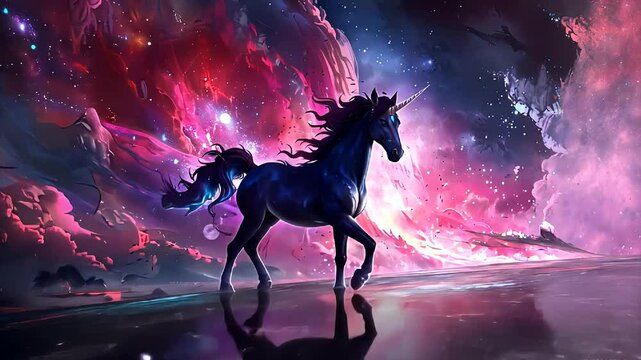 A majestic fantasy unicorn gracefully walks through a cosmic landscape vibrant colors and swirling galaxies at twilight pink
