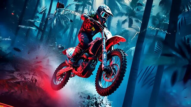 A motocross rider performs stunts impressive jump through a lush tropical forest during a vibrant sunset sports
