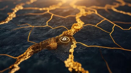 Fototapeta premium A cross-section of the earth, showing gold veins below and cryptocurrency blockchains running above, cross-section, gold veins, blockchain