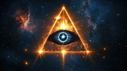Eye of Providence in the starry night sky. Shining all-seeing God's eye in triangle. Illuminati and Freemasons symbol