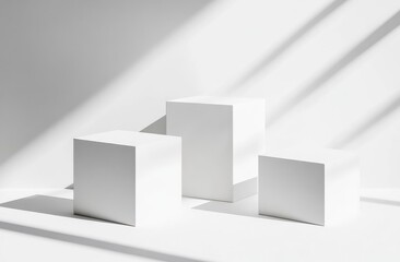 Minimalist white podiums with sunlight shadows.