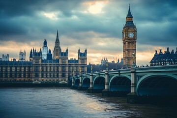 Naklejka premium Dramatic Sunset over Big Ben and Houses of Parliament in London