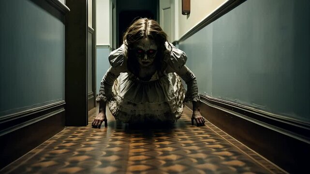 A creepy doll figure crawling down a dimly lit hallway in an old house during a spooky night horror scary